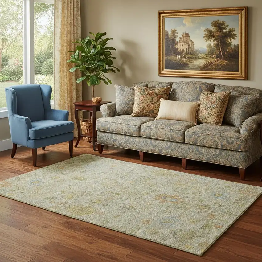 Sage Gold And Blue Floral Washable Area Rug With UV Protection Photo 2