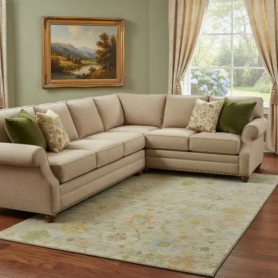 Sage Gold And Blue Floral Washable Area Rug With UV Protection Photo 2