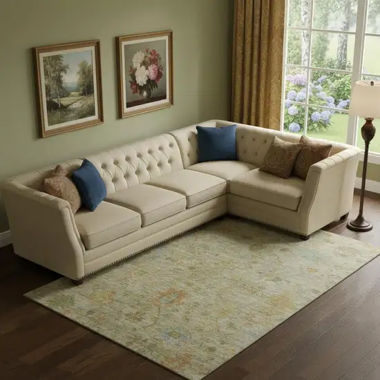 Sage Gold And Blue Floral Washable Area Rug With UV Protection Photo 2