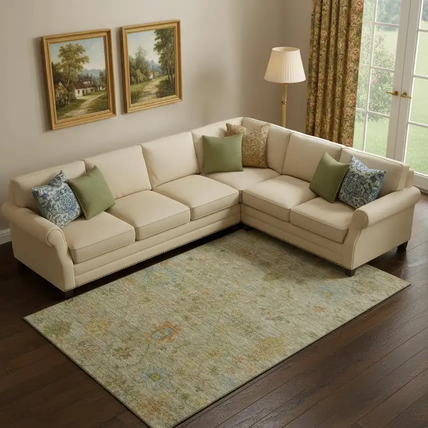 Sage Gold And Blue Floral Washable Area Rug With UV Protection Photo 2