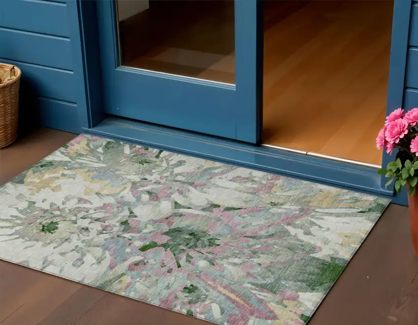 Sage Gold And Emerald Floral Washable Indoor Outdoor Area Rug Photo 1