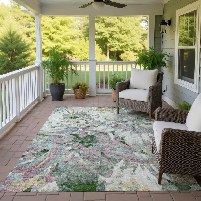 Sage Gold And Emerald Floral Washable Indoor Outdoor Area Rug Photo 9