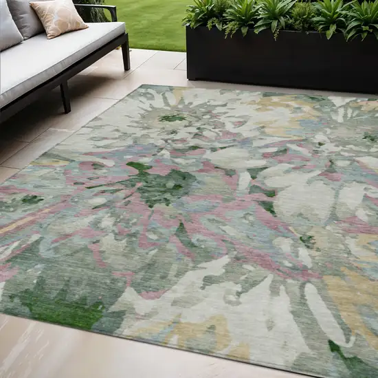 Sage Gold And Emerald Floral Washable Indoor Outdoor Area Rug Photo 1