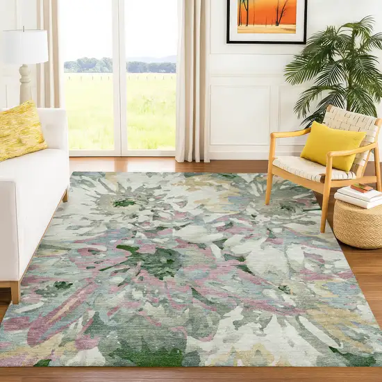 Sage Gold And Emerald Floral Washable Indoor Outdoor Area Rug Photo 9