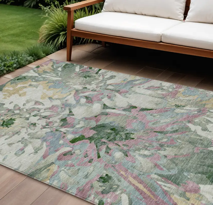 Sage Gold And Emerald Floral Washable Indoor Outdoor Area Rug Photo 1