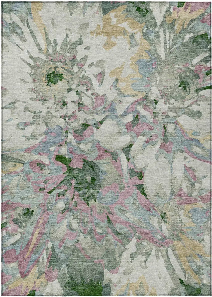 Sage Gold And Emerald Floral Washable Indoor Outdoor Area Rug Photo 2