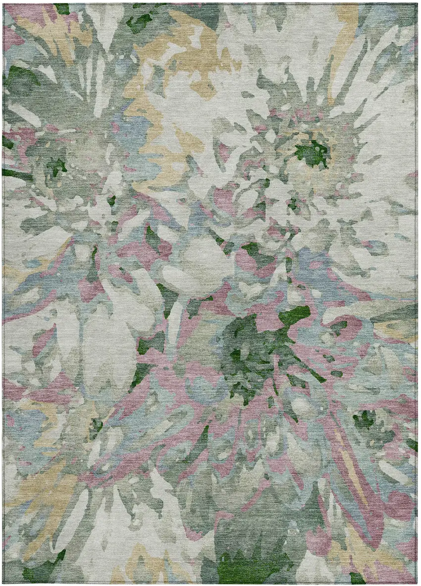 Sage Gold And Emerald Floral Washable Indoor Outdoor Area Rug Photo 4