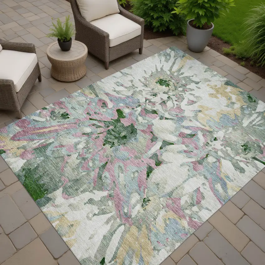 Sage Gold And Emerald Floral Washable Indoor Outdoor Area Rug Photo 8