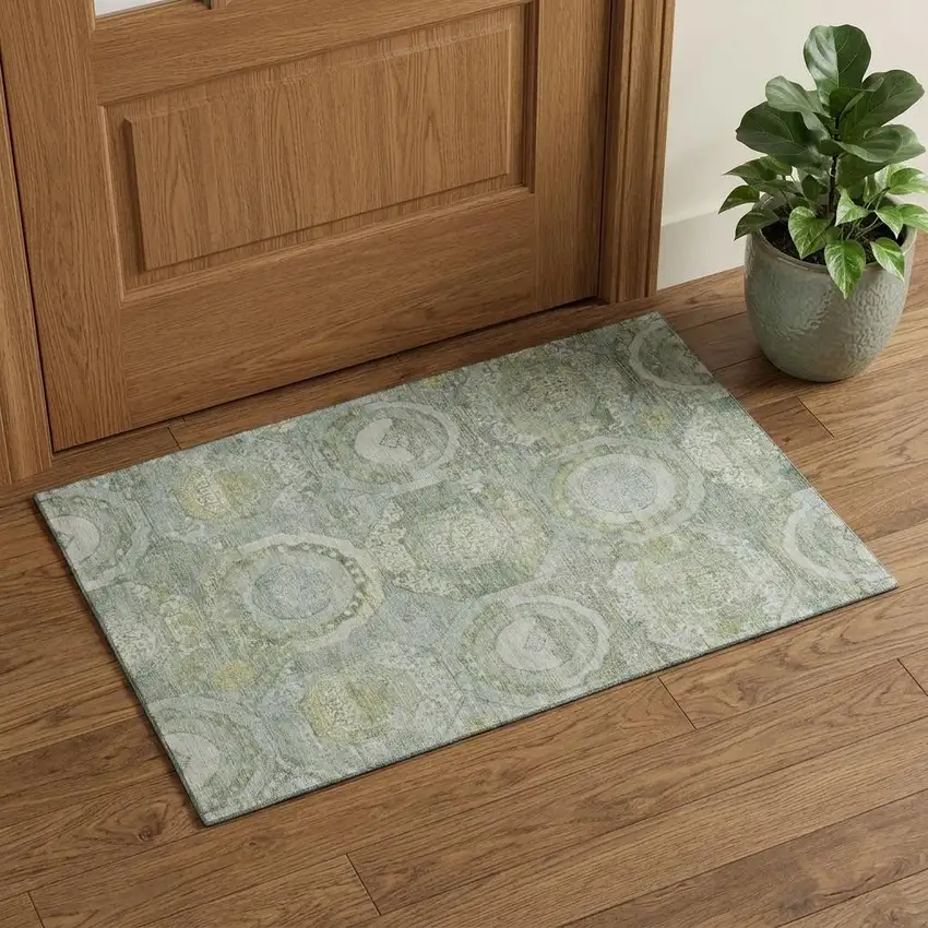 Sage Gold And Gray Mosaic Washable Area Rug With UV Protection Photo 1