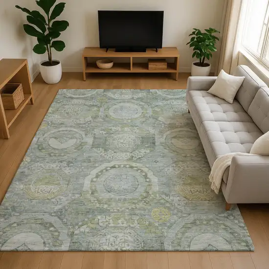 Sage Gold And Gray Mosaic Washable Area Rug With UV Protection Photo 4