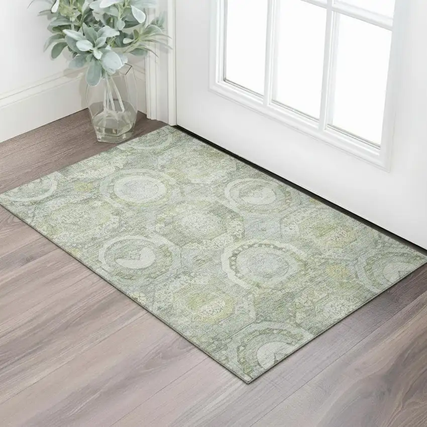 Sage Gold And Gray Mosaic Washable Area Rug With UV Protection Photo 2