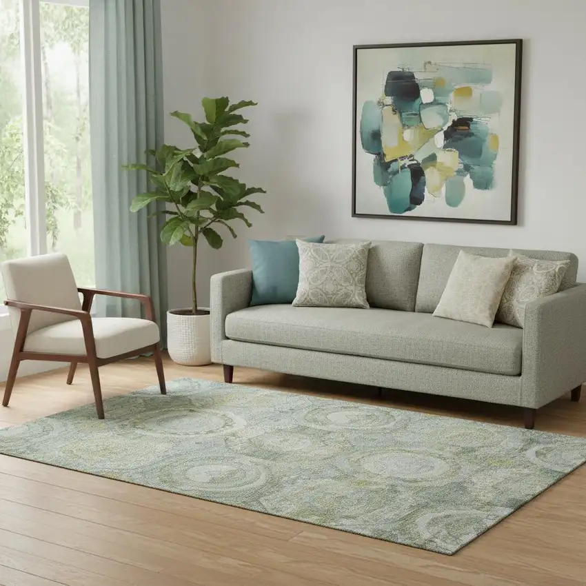 Sage Gold And Gray Mosaic Washable Area Rug With UV Protection Photo 2