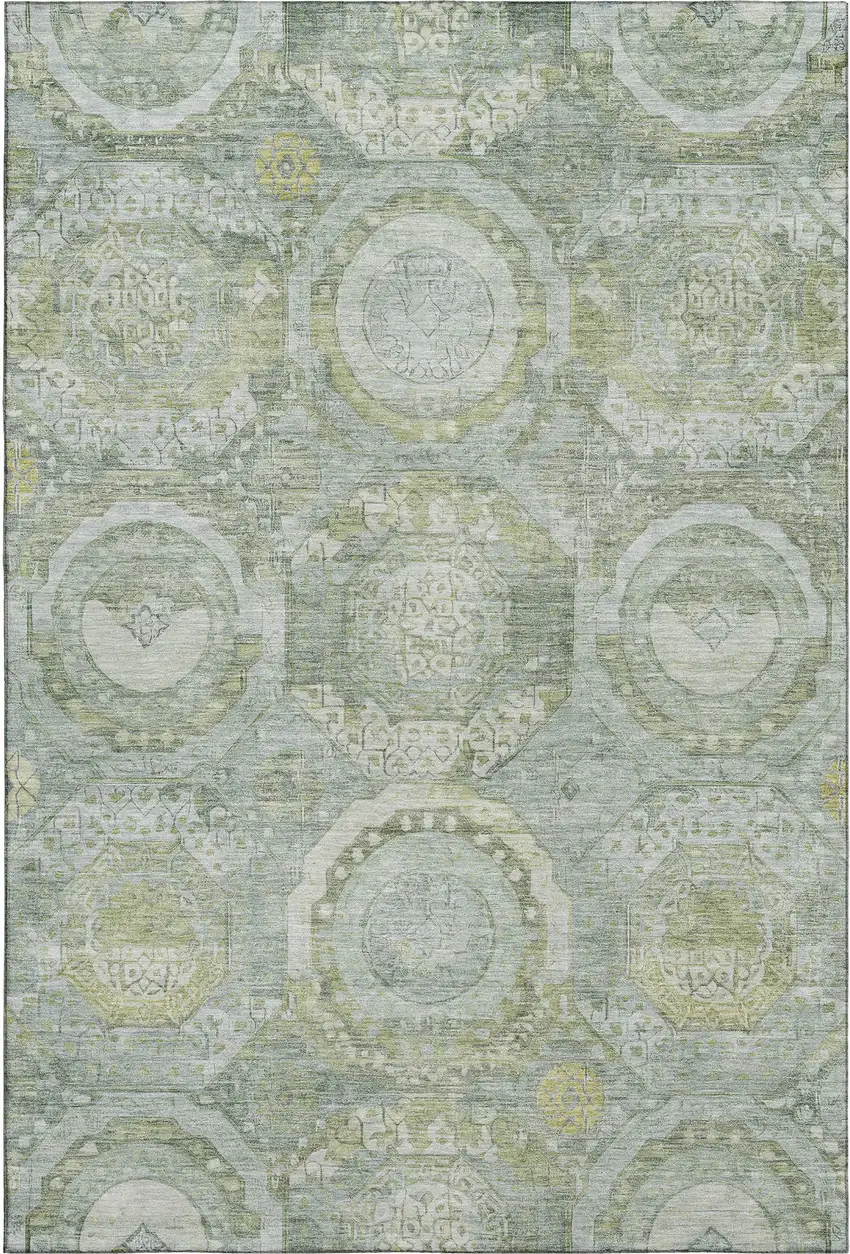 Sage Gold And Gray Mosaic Washable Area Rug With UV Protection Photo 1