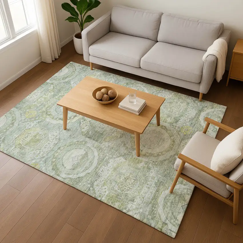 Sage Gold And Gray Mosaic Washable Area Rug With UV Protection Photo 5