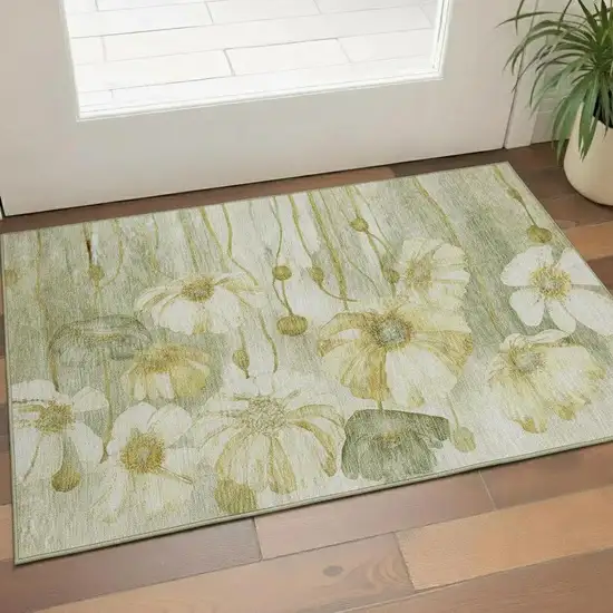 Sage Gold And Ivory Floral Washable Area Rug With UV Protection Photo 1