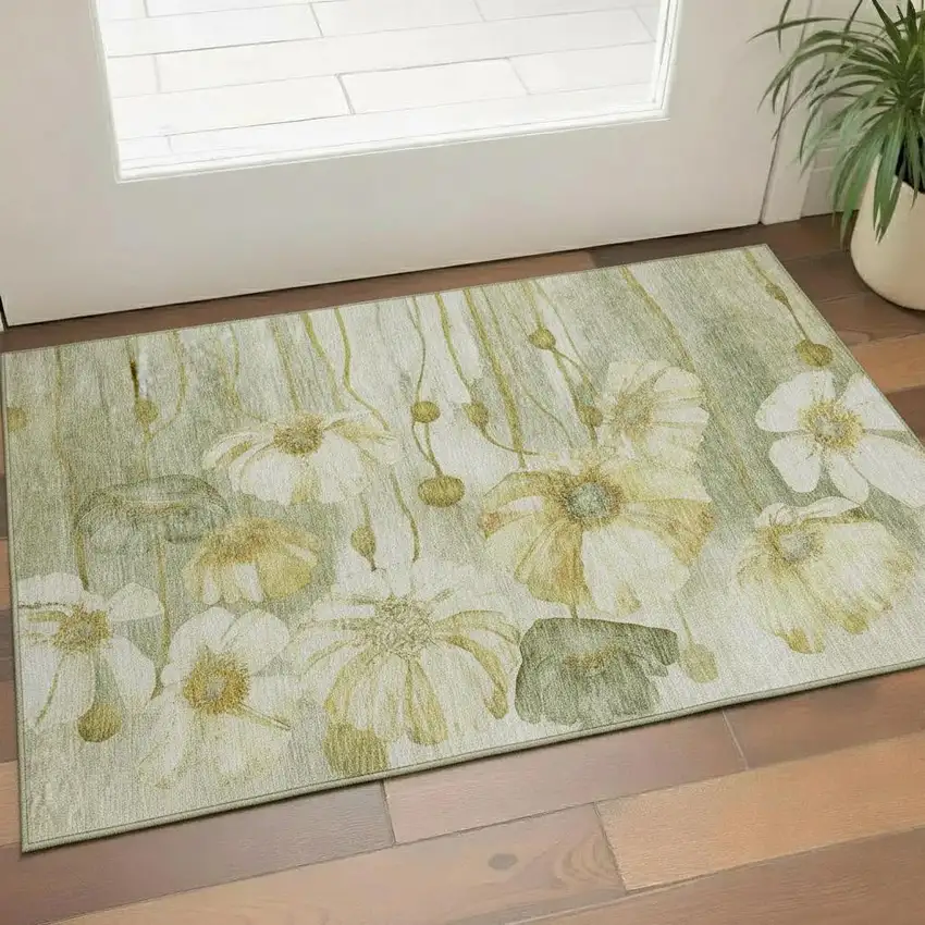 Sage Gold And Ivory Floral Washable Area Rug With UV Protection Photo 1