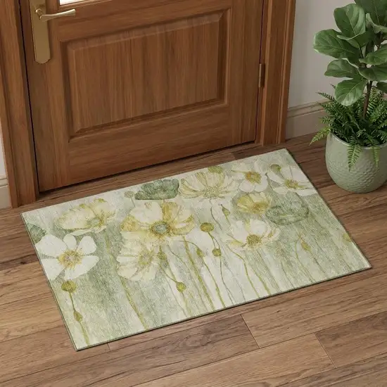 Sage Gold And Ivory Floral Washable Area Rug With UV Protection Photo 1
