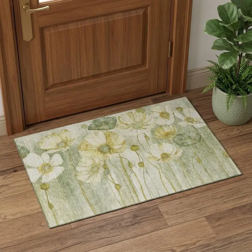 Sage Gold And Ivory Floral Washable Area Rug With UV Protection Photo 1