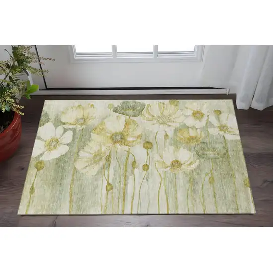 Sage Gold And Ivory Floral Washable Area Rug With UV Protection Photo 2