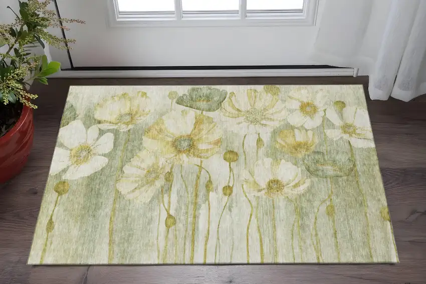 Sage Gold And Ivory Floral Washable Area Rug With UV Protection Photo 2