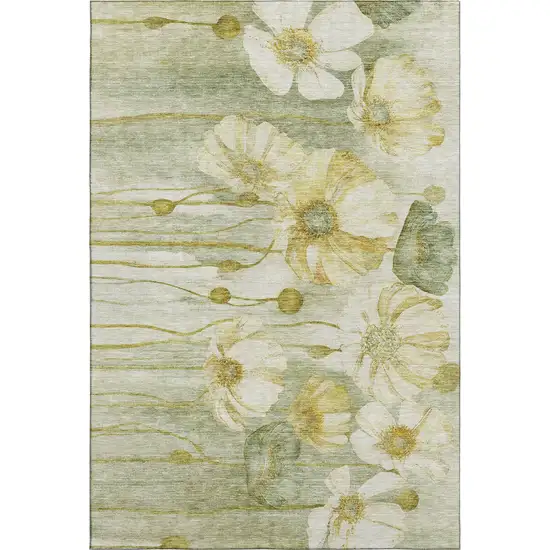 Sage Gold And Ivory Floral Washable Area Rug With UV Protection Photo 1