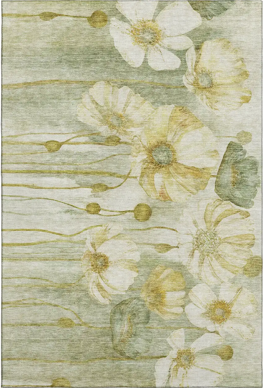 Sage Gold And Ivory Floral Washable Area Rug With UV Protection Photo 1