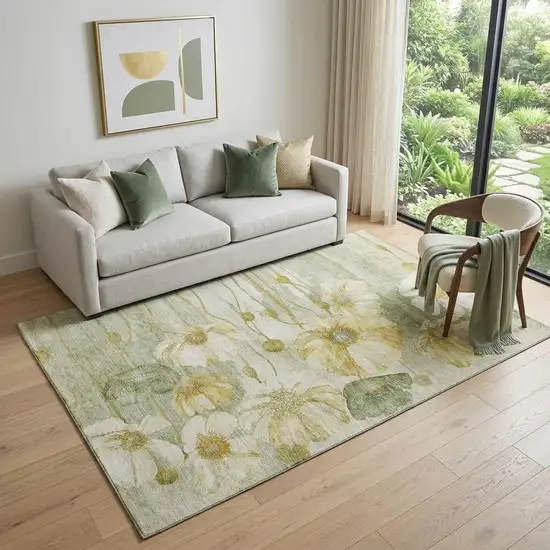 Sage Gold And Ivory Floral Washable Area Rug With UV Protection Photo 1