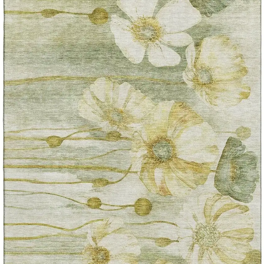 Sage Gold And Ivory Floral Washable Area Rug With UV Protection Photo 3