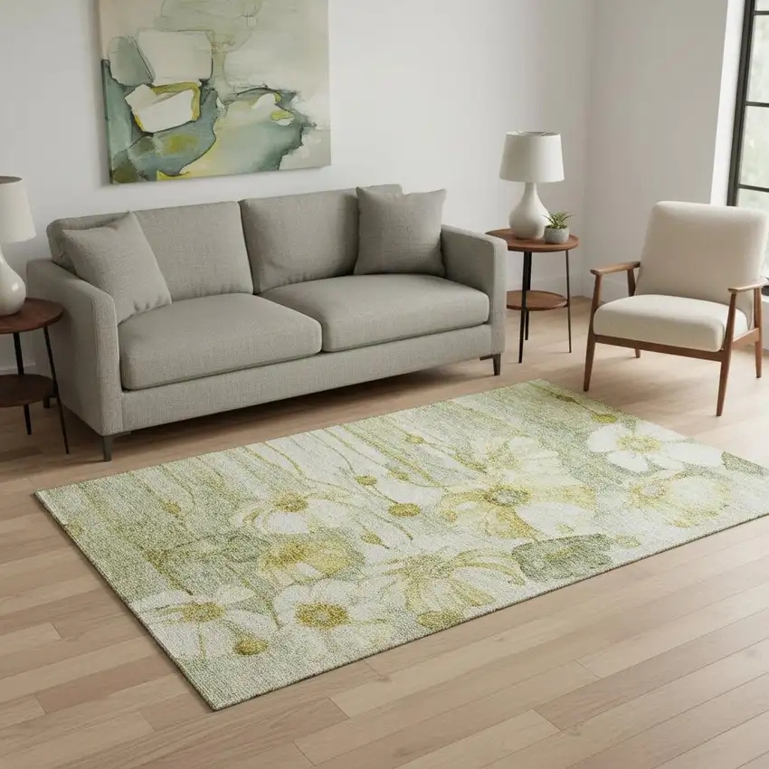 Sage Gold And Ivory Floral Washable Area Rug With UV Protection Photo 1