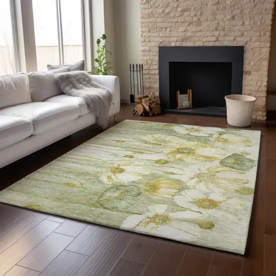 Sage Gold And Ivory Floral Washable Area Rug With UV Protection Photo 4