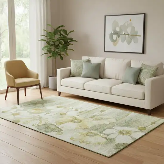 Sage Gold And Ivory Floral Washable Area Rug With UV Protection Photo 1