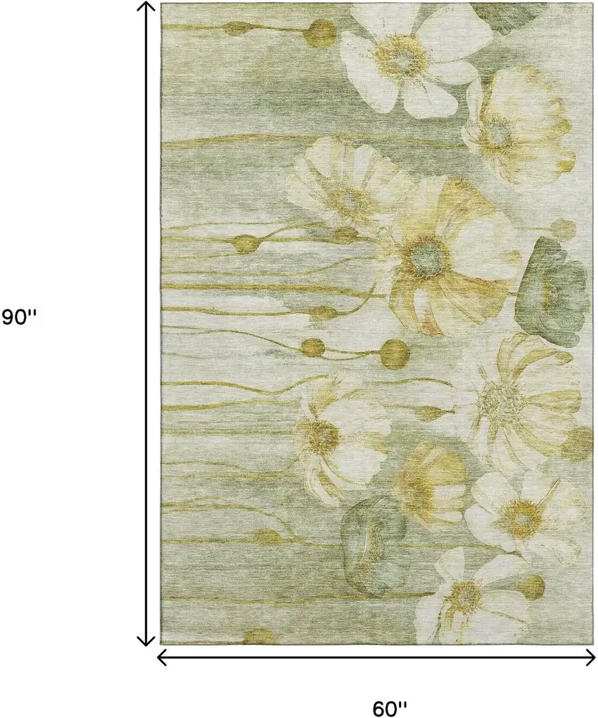 Sage Gold And Ivory Floral Washable Area Rug With UV Protection Photo 3