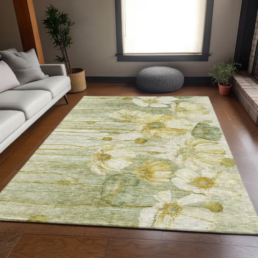 Sage Gold And Ivory Floral Washable Area Rug With UV Protection Photo 5
