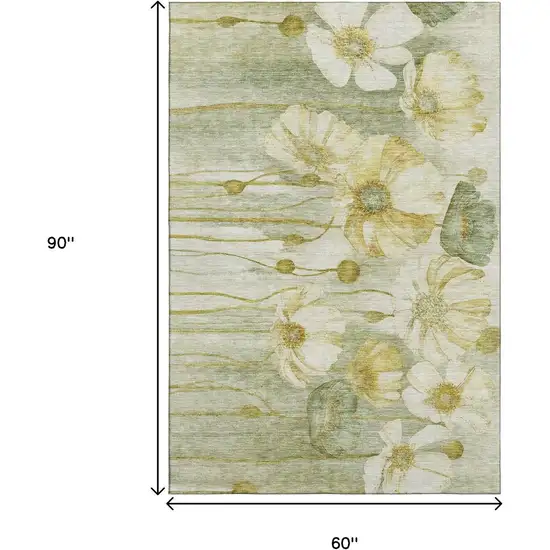 Sage Gold And Ivory Floral Washable Area Rug With UV Protection Photo 6