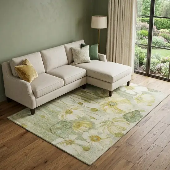 Sage Gold And Ivory Floral Washable Area Rug With UV Protection Photo 1
