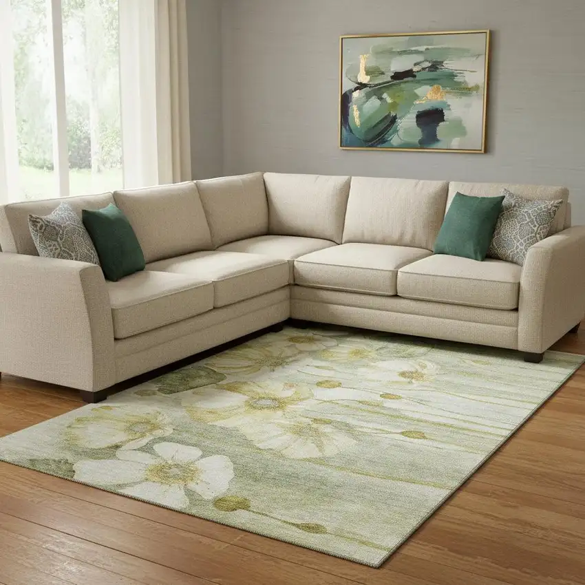 Sage Gold And Ivory Floral Washable Area Rug With UV Protection Photo 1