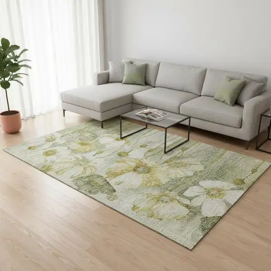Sage Gold And Ivory Floral Washable Area Rug With UV Protection Photo 1