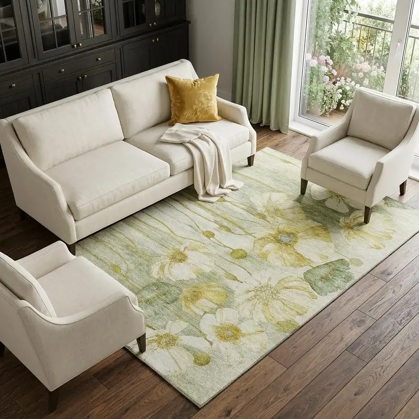 Sage Gold And Ivory Floral Washable Area Rug With UV Protection Photo 1
