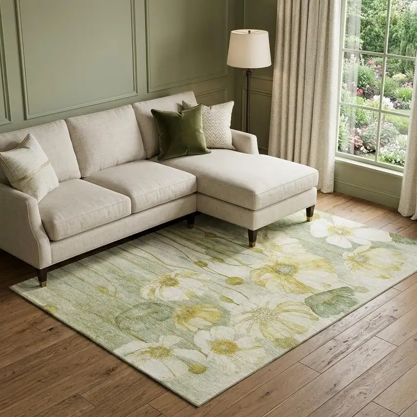 Sage Gold And Ivory Floral Washable Area Rug With UV Protection Photo 1