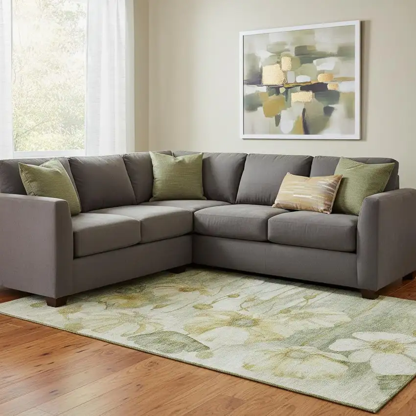 Sage Gold And Ivory Floral Washable Area Rug With UV Protection Photo 1