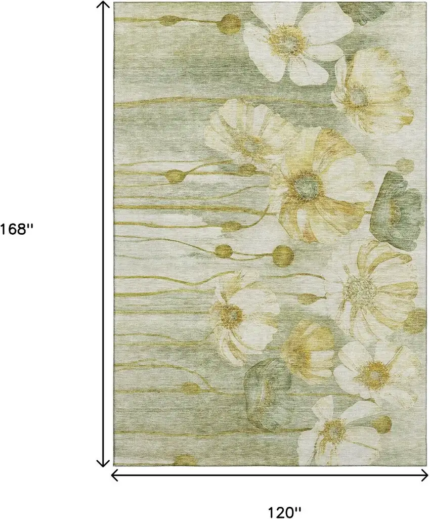 Sage Gold And Ivory Floral Washable Area Rug With UV Protection Photo 3