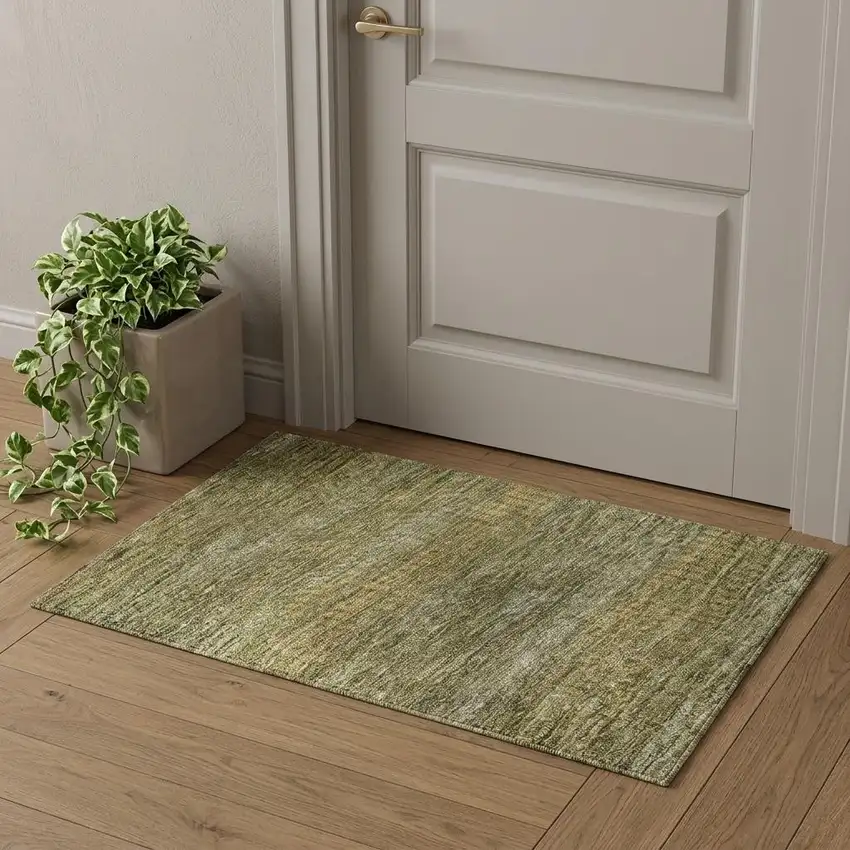 Sage Gold And Khaki Striped Washable Area Rug With UV Protection Photo 1