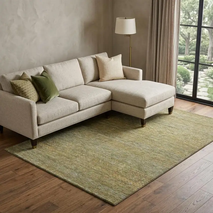 Sage Gold And Khaki Striped Washable Area Rug With UV Protection Photo 1