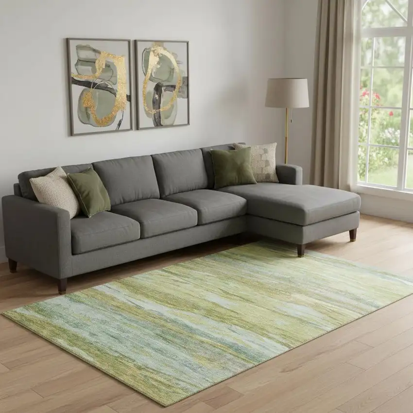 Sage Gray And Aqua Abstract Washable Area Rug With UV Protection Photo 2