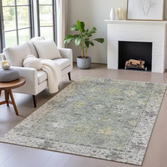Sage Gray And Gold Floral Washable Indoor Outdoor Area Rug Photo 6