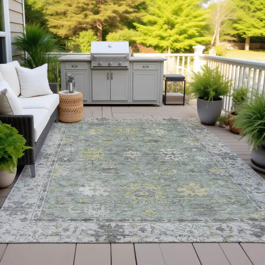 Sage Gray And Gold Floral Washable Indoor Outdoor Area Rug Photo 5