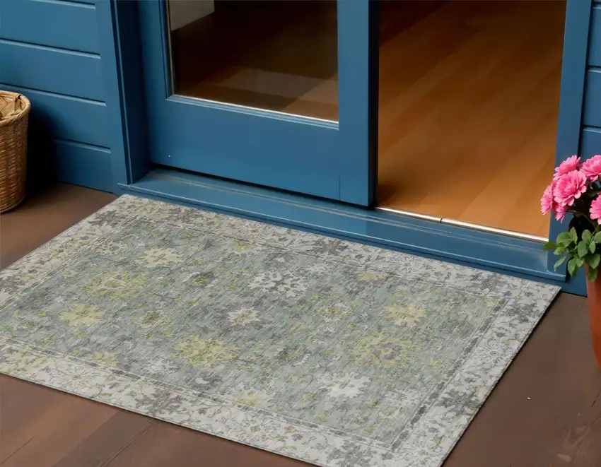 Sage Gray And Gold Floral Washable Indoor Outdoor Area Rug Photo 2