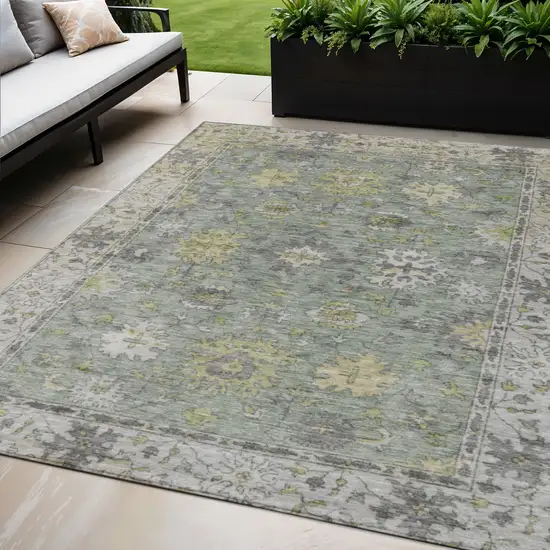 Sage Gray And Gold Floral Washable Indoor Outdoor Area Rug Photo 2