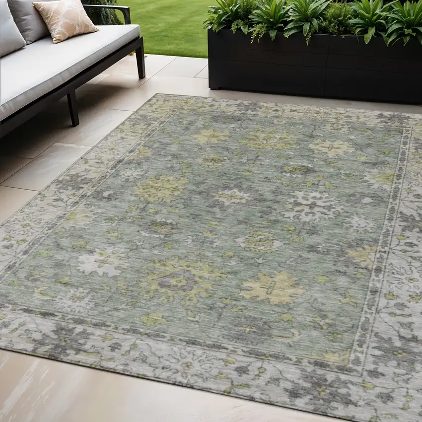 Sage Gray And Gold Floral Washable Indoor Outdoor Area Rug Photo 2