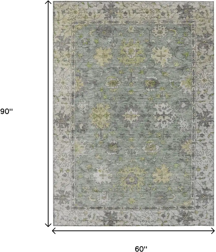 Sage Gray And Gold Floral Washable Indoor Outdoor Area Rug Photo 9